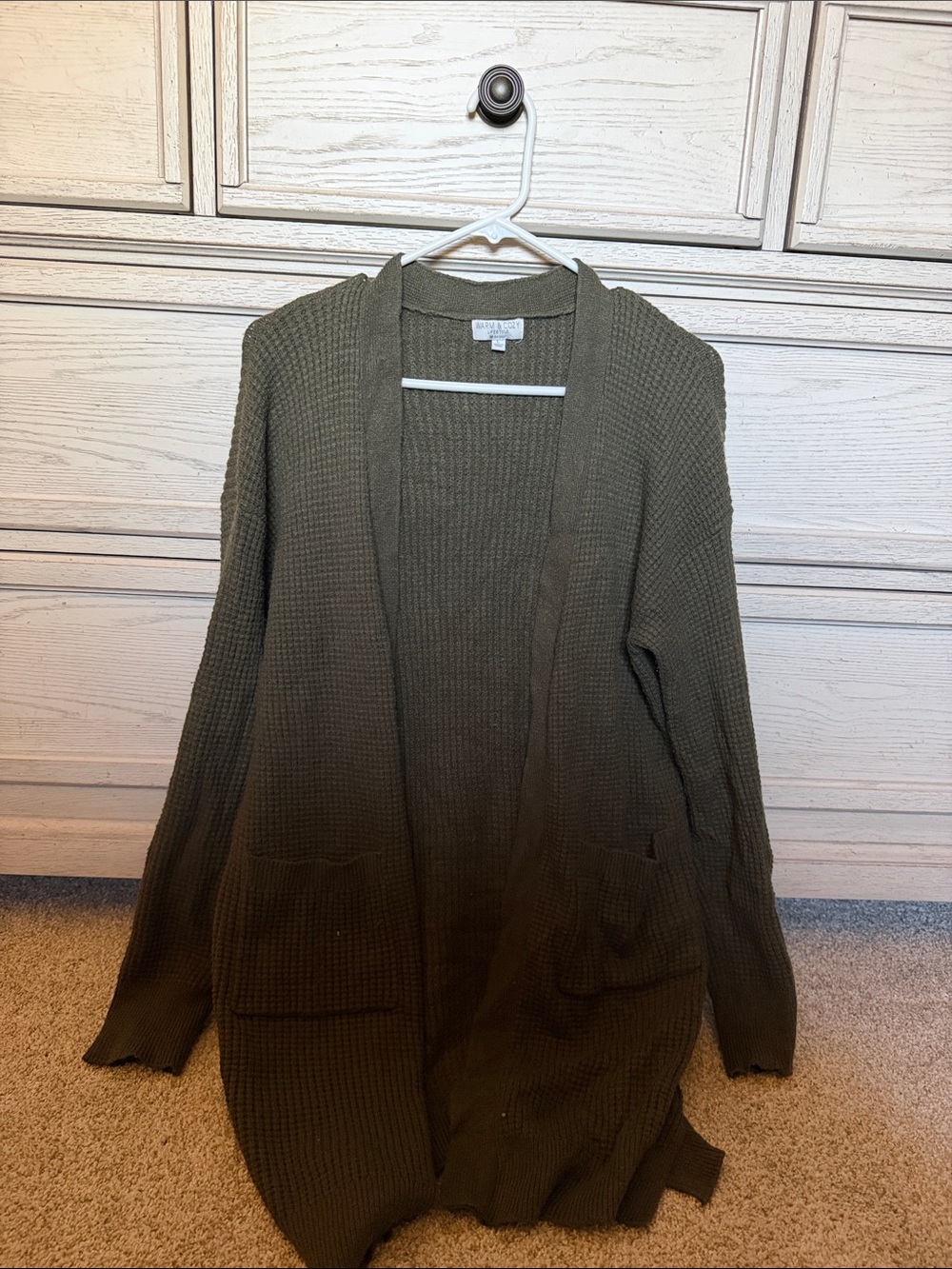 Cozy Olive Open-Front Waffle Cardigan with Pockets